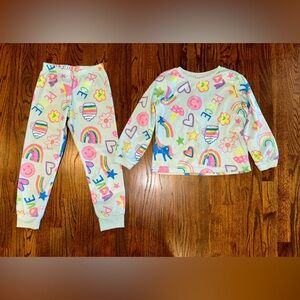 Girls winter fleece pajamas set 2-piece size 7/8 unicorns rainbows light blue